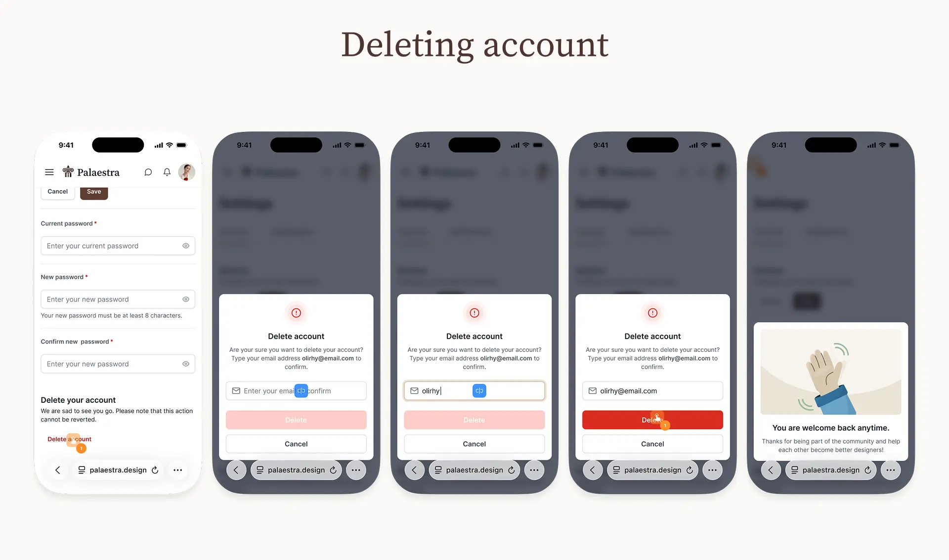 Palaestra Deleting account flow